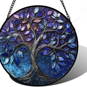 Blue Purple Tree of Life s Colorful Glass Panel Plants Suncatcher Decor for Birt